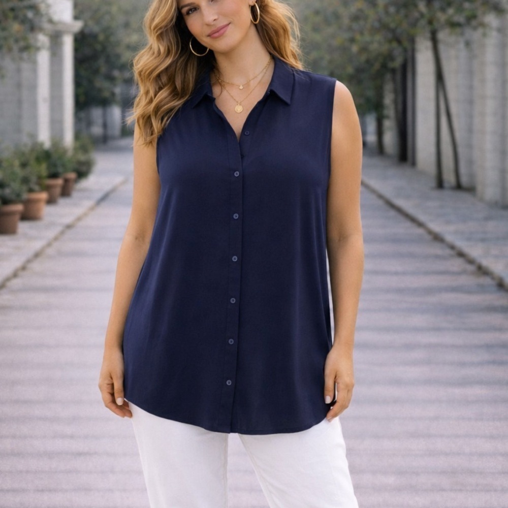 Eileen Fisher Stretch Tunic Button Down Shirt Basic Minimalist Basic Preppy